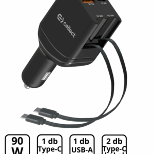 Autós töltő 2 db beépített kábellel gyorstöltéssel 90W,Fekete