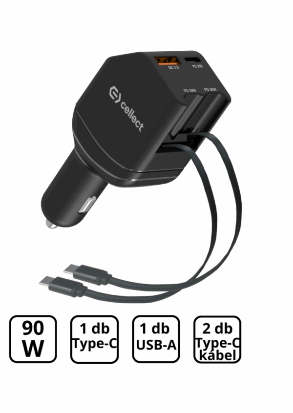 Autós töltő 2 db beépített kábellel gyorstöltéssel 90W,Fekete