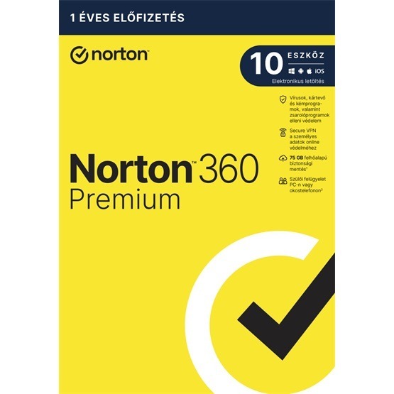 Norton 360 Premium - 21417486 - 75GB HU 1 felhasználó, 10 eszköz/1 év, elektronikus licenc
