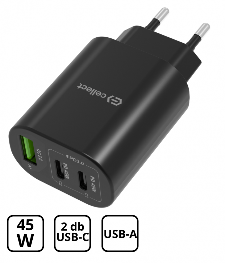 Hálózati gyorstöltő adapter 45W, Fekete