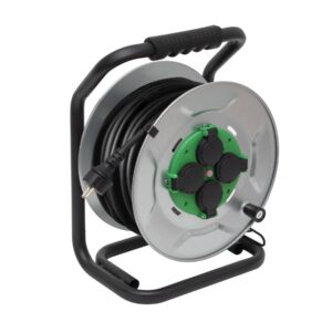 HOME HJRM2025 fém kábeldob, 25 méter, fém talp, H07RN-F 3G2,5 mm2 vezeték, 250 V~ / max. 16 A, túlmelegedés elleni védőkapcsolóval