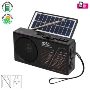 SAL RPH 1 napelemes rádió és multimédia lejátszó, hibrid töltés, 3 sávos AM-FM-SW rádió, BT/USB/microSD, ~11 óra üzemidő