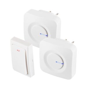 HOME DBKS1001AC vezeték és elem nélküli csengő készlet, 1x nyomógomb + 2x csengő, 100m hatótáv, 36 dallam, szabályozható hangerő, IP44, fényjelzés, kinetikus nyomógomb