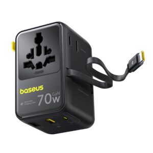 Baseus EnerCore CG11 töltőállomás, 70W, 1×AC + 2×USB Type-A + 1×USB Type-C + 1×USB Type-C automata behúzós kábel, fekete