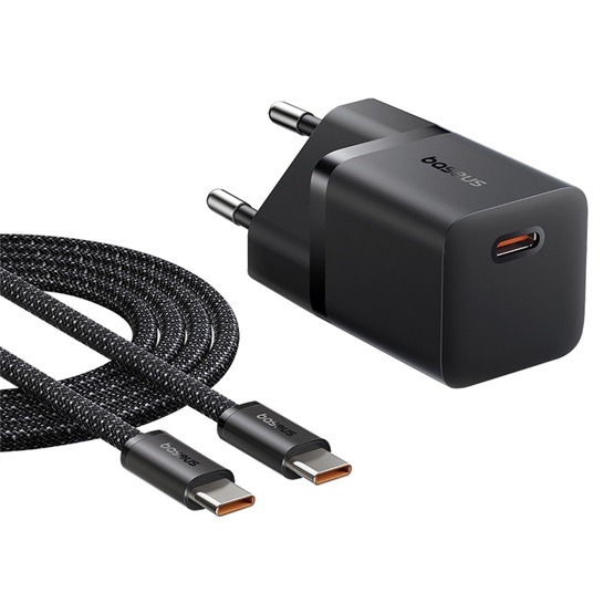 Baseus GaN5 Mini hálózati gyorstöltő 25W, USB Type-C, fekete + 100W USB Type-C, 1m kábel - Image 2