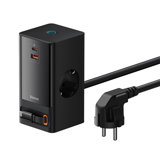 Baseus PowerCombo töltőállomás 65W, 2×CEE 7/3 +1×USB Type-A + 1×USB Type-C + USB Type-C kábel, fekete
