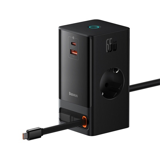 Baseus PowerCombo töltőállomás 65W, 2×CEE 7/3 +1×USB Type-A + 1×USB Type-C + USB Type-C kábel, fekete - Image 3