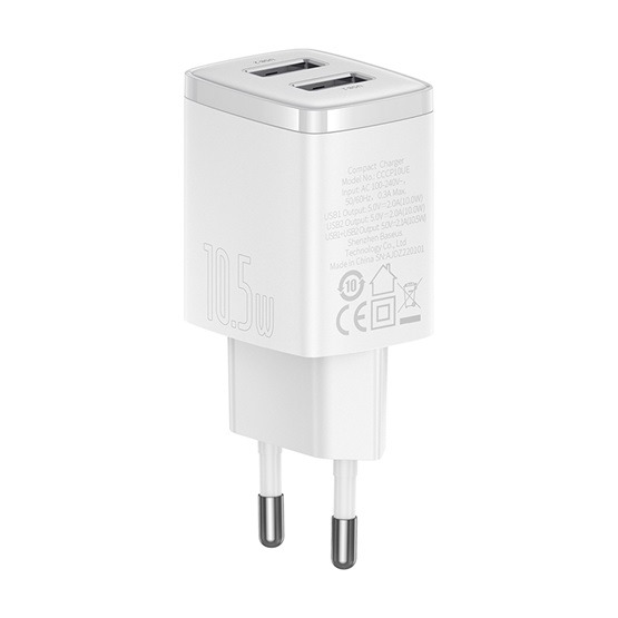 Baseus Compact hálózati töltő 10.5W, 2×USB Type-A, fehér - Image 3