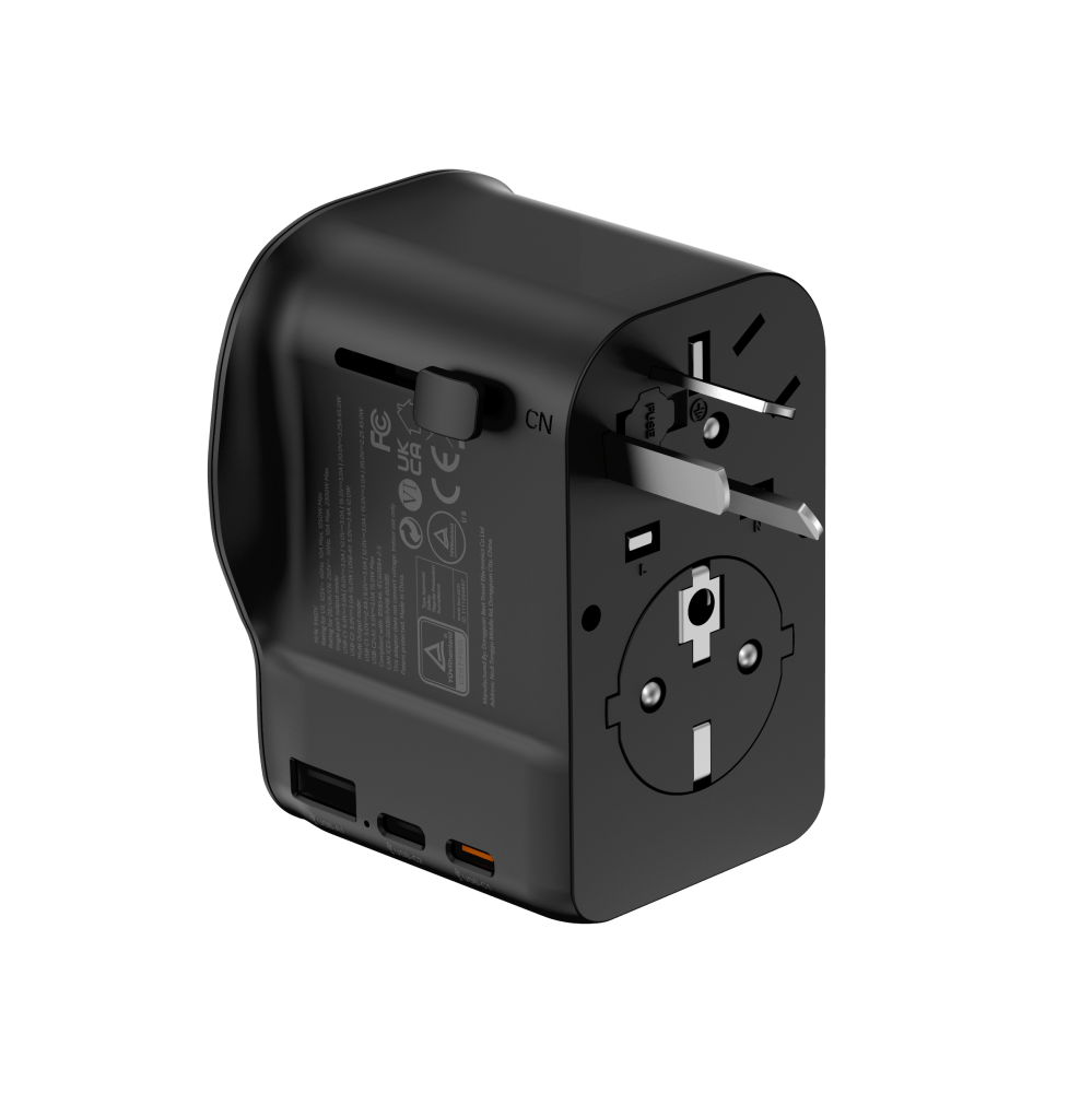 Utazó adapter 65W, 2 USB-C, 1 USB-A UK/CN/EU standard, Fekete