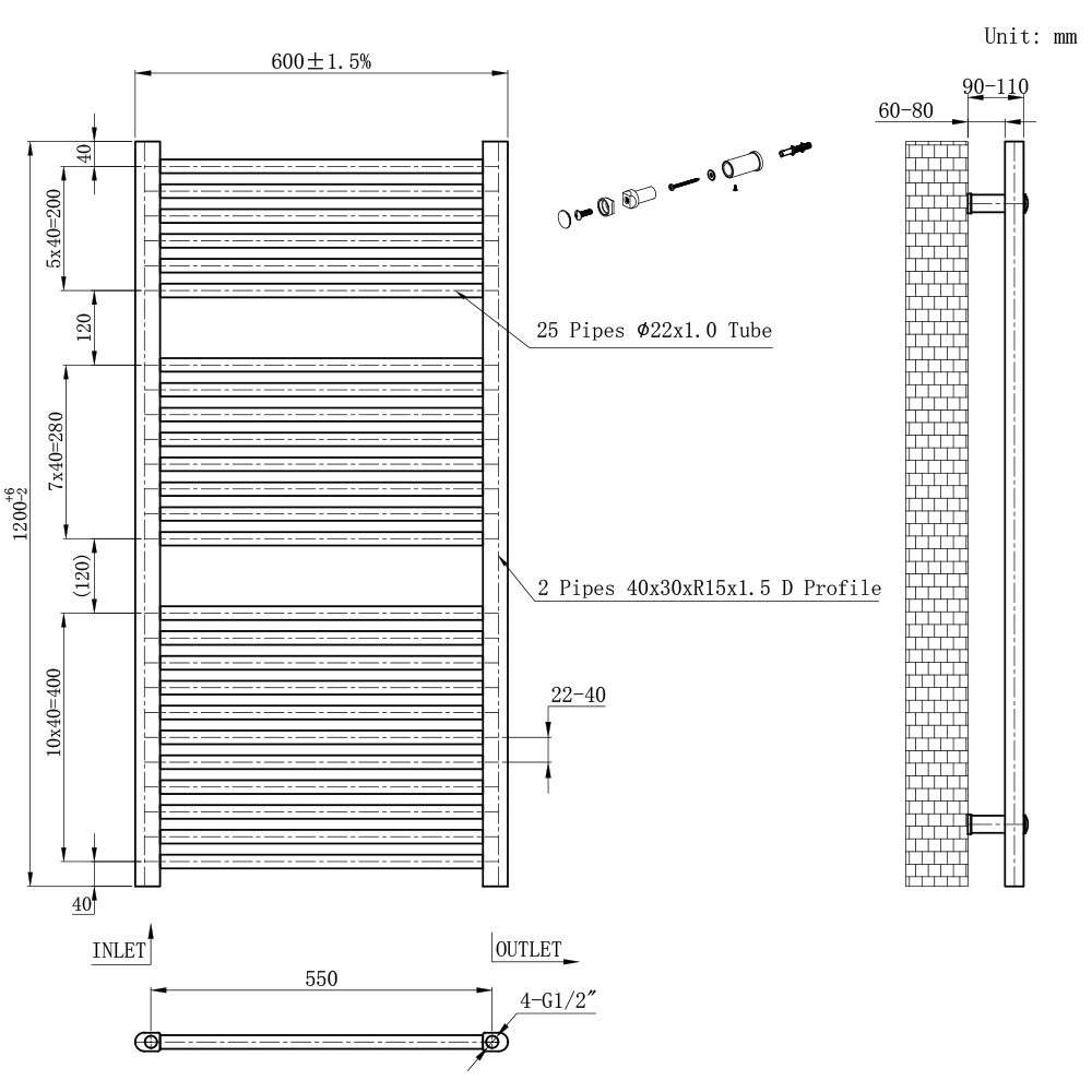 Egyenes törölközőszárító radiátor 1200x600 mm fehér - Image 3