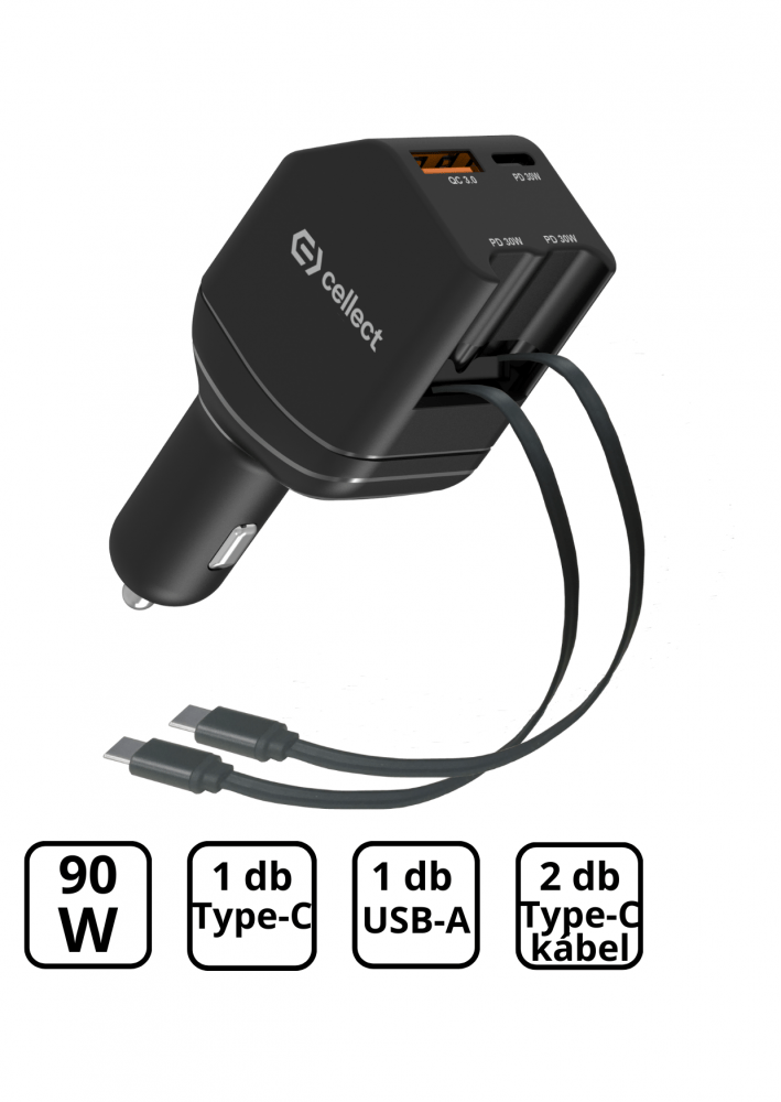 Autós töltő 2 db beépített kábellel gyorstöltéssel 90W,Fekete