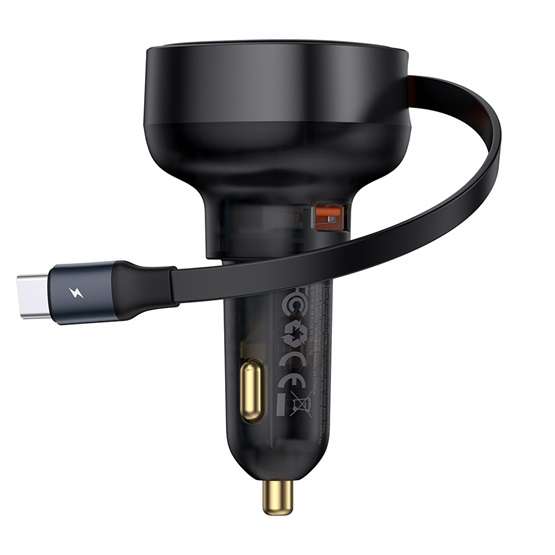Baseus Enjoyment Pro autós gyorstöltő 60W, USB Type-A + USB Type-C automata behúzós kábel, fekete