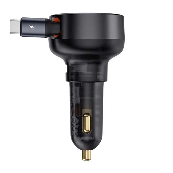 Baseus Enjoyment Pro autós gyorstöltő 60W, USB Type-A + USB Type-C automata behúzós kábel, fekete - Image 3