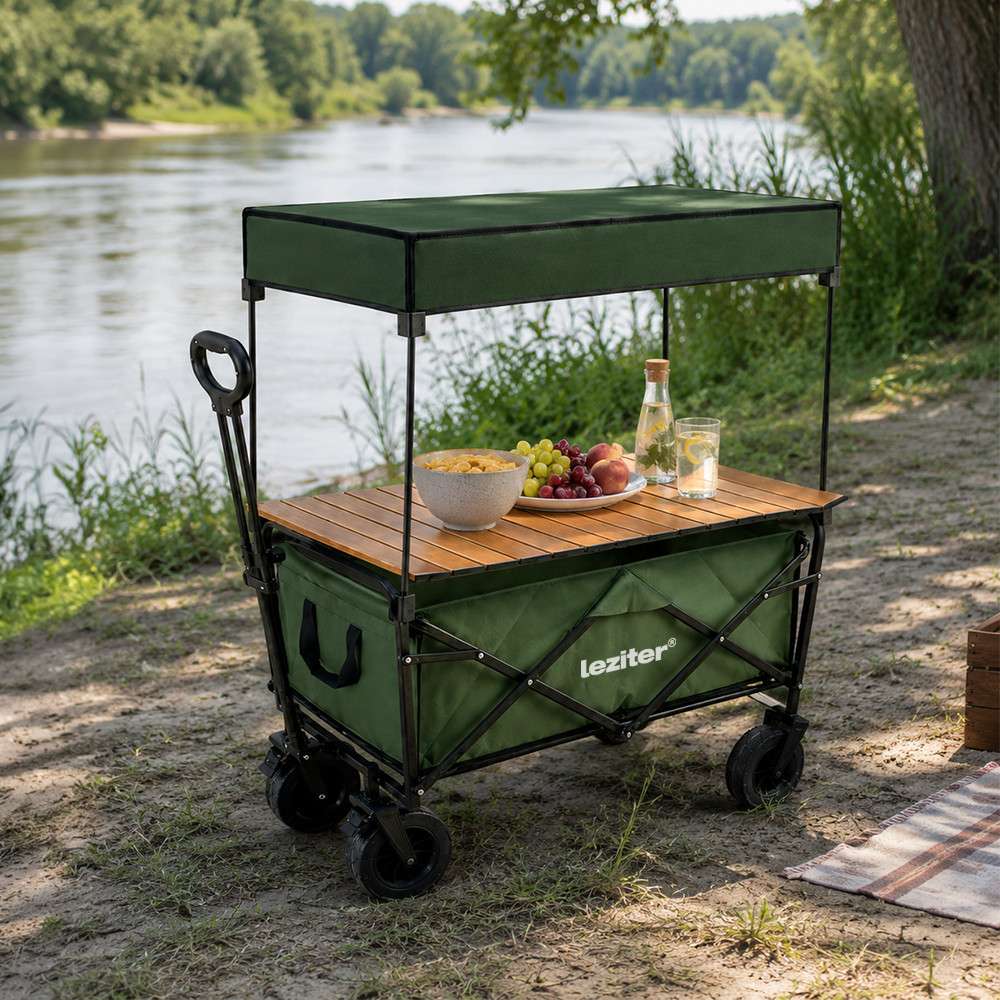 Összecsukható prémium kerti strandkocsi tetővel asztallal zöld - Image 2