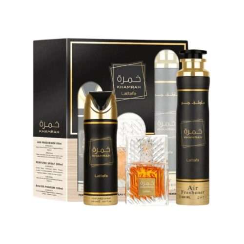 Lattafa Khamrah Ajándékszett – 100 ml EDP + 200 ml Dezodor + 300 ml Légfrissítő