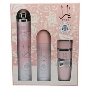 Lattafa Yara női ajándékszett – Eau de Parfum 100 ml + Testpermet 200 ml + Légfrissítő 300 ml